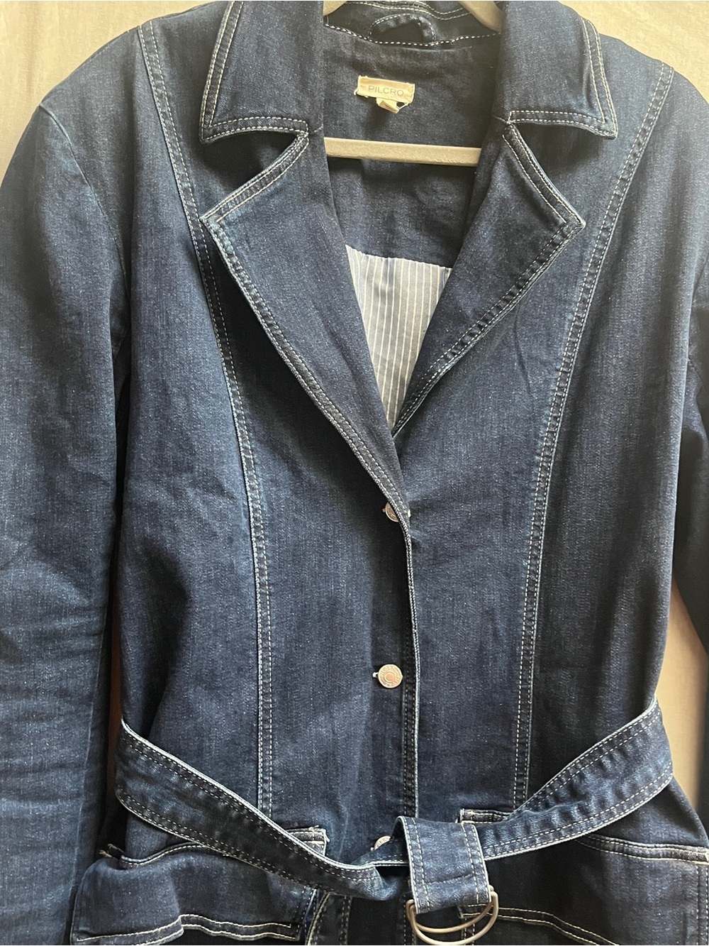 Anthropologie Pilcro Denim Trench Coat Jacket Striped Lined Belted Large - Picture 5 of 10